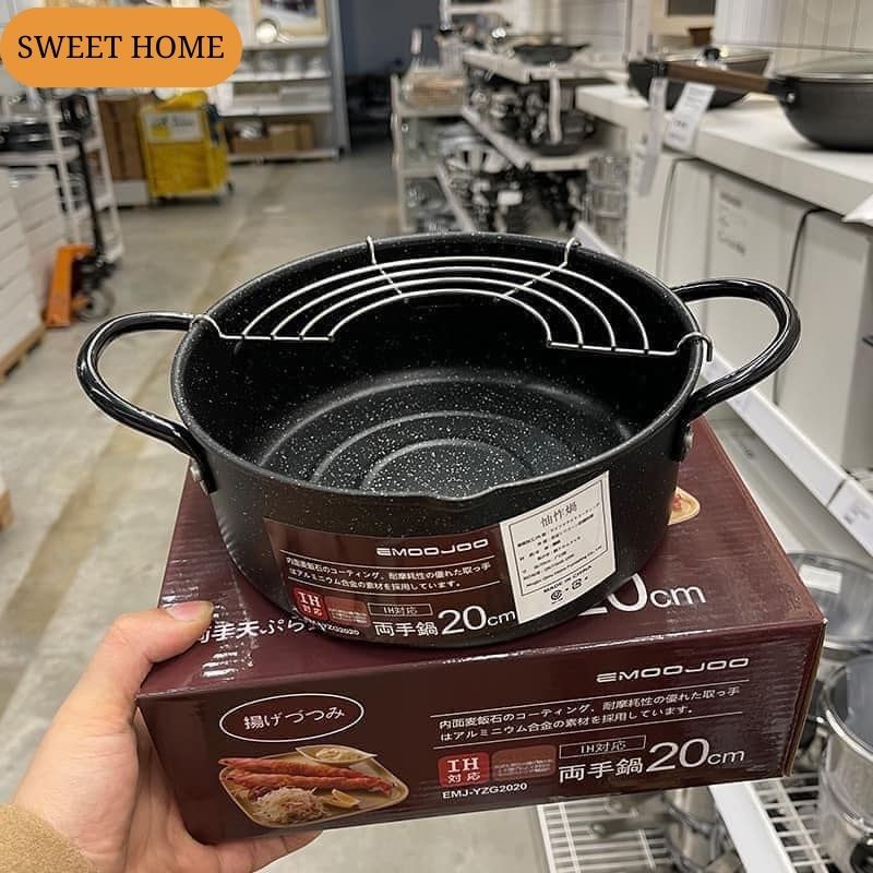 Nồi chiên vân đá chống dính size 20cm emoojoo nhật có khay ráo mỡ siêu bền sweet home d2.107
