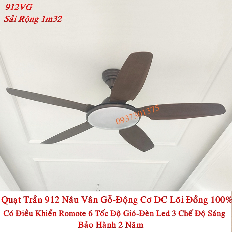 Quạt Trần Đèn 912 Động Cơ DC Siêu Mát-Sải Cánh 1m32,Điều Khiển Romote 6 Tốc Độ Gió,Đèn Led 3 Chế Độ Ánh Sáng-Bảo Hành 2 Năm