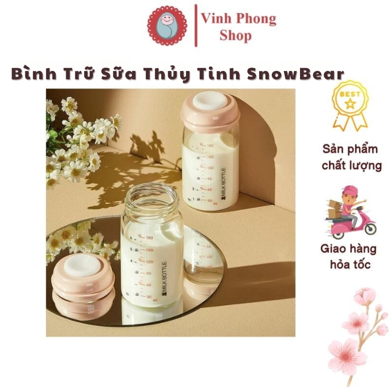 Bình Trữ Sữa Thuỷ Tinh Cổ Rộng SnowBear Dung Tích 180ml, Bình Thuỷ Tinh Trữ Sữa An Toàn Cho Bé