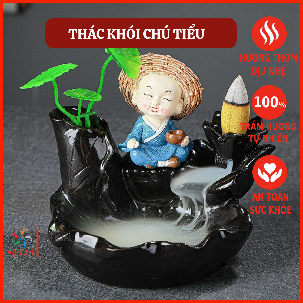 Thác khói trầm hương phong thủy chú tiểu bên suối Vạn An group, để bàn đẹp, thác khói đốt trầm bằng gốm sứ cao cấp
