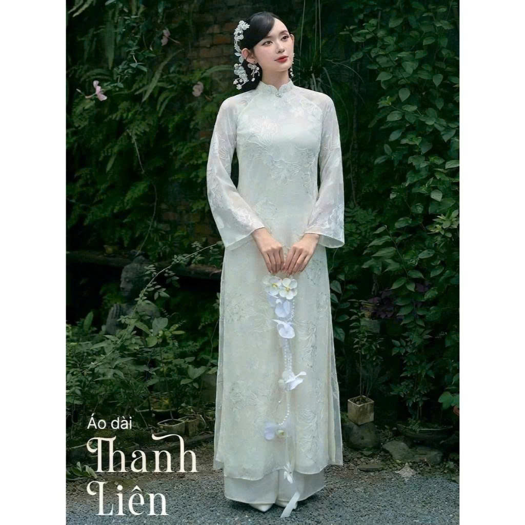 Women's White Modernized Ao Dai (Thanh Lien) Luxury Designed with 2 Leaf Collar and Long Sleeves