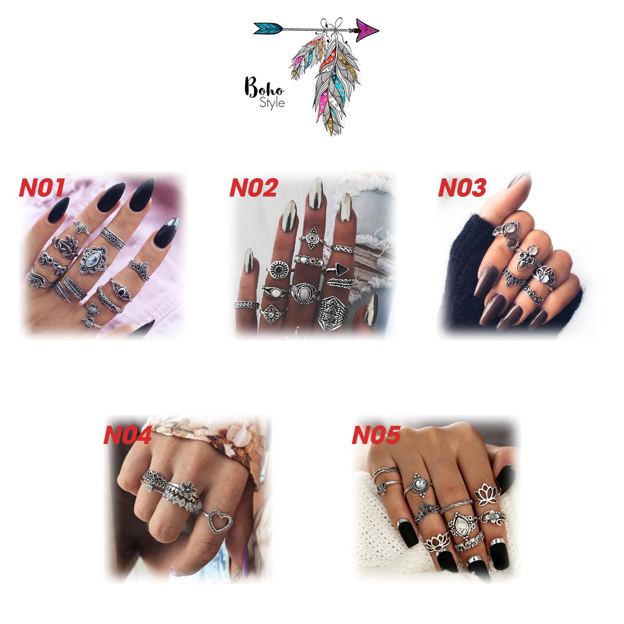 Set Nhẫn phong cách BOHEMIAN, nhẫn boho cổ điển VINTAGE hoạ tiết xinh xắn