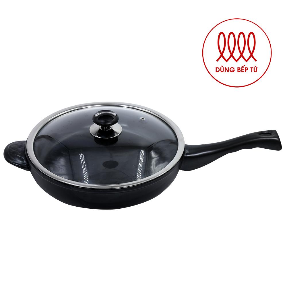 Chảo sứ tròn royalcooks dùng bếp từ 30cm nắp thuỷ tinh-