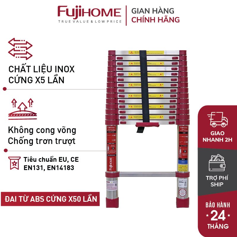 Thang inox rút gọn đơn nhập khẩu 3.8m - 4.4m - 5m fujihome chính hãng , thang nhôm xếp gọn đa năng chốt khóa tự động an toàn