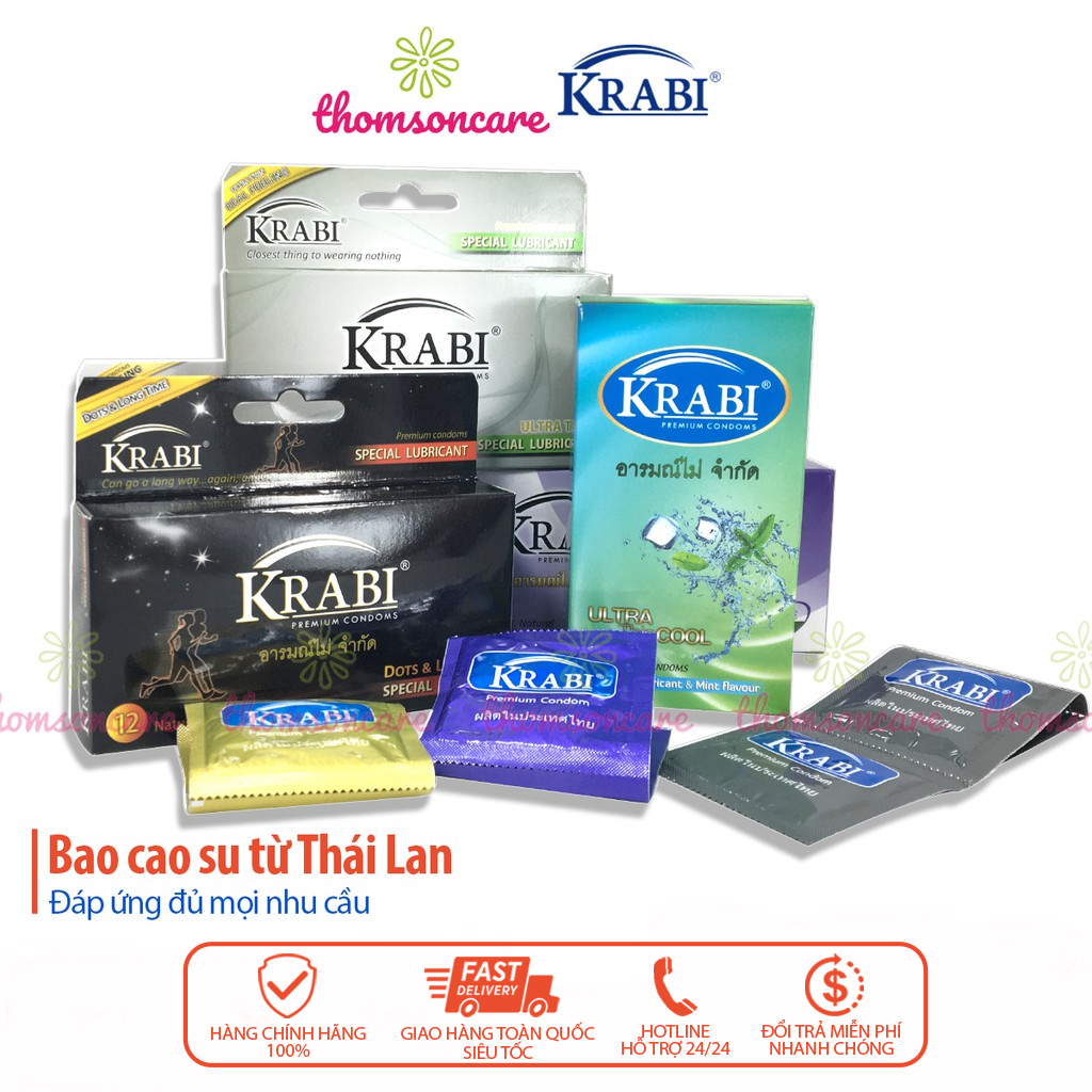 Bao Cao Su Thái Lan Krabi Hộp 12 Chiếc Condom - Bcs Siêu Mỏng, Kéo Dài, Có Gân Gai