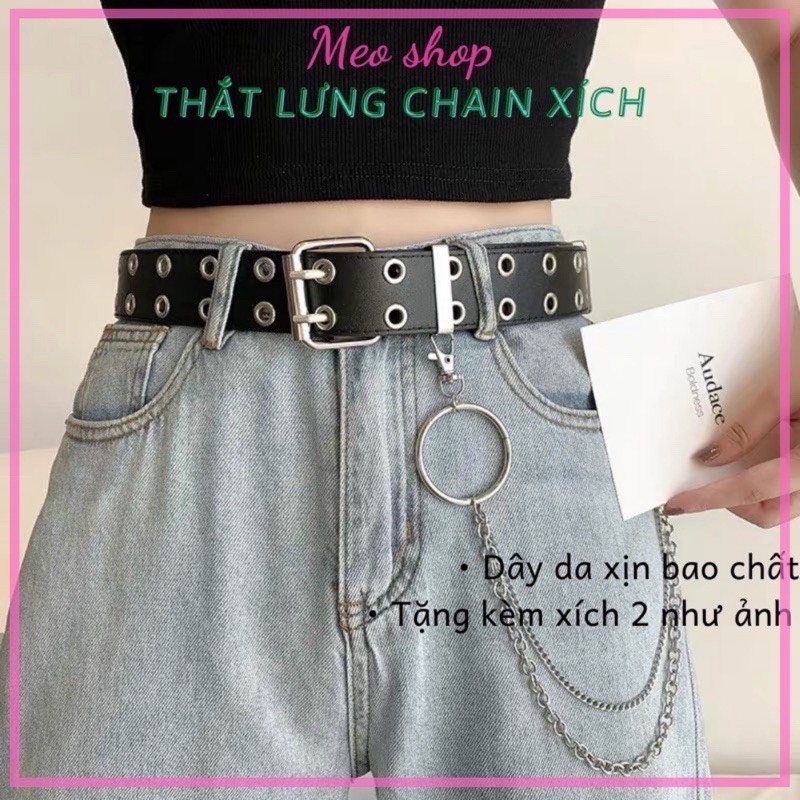 Thắt Lưng Nam Nữ 2 Hàng Xích Tặng Kèm Xích Treo - Dây Nịt Nữ Kèm Xích Treo Quần, Dây Nịt Xích Nam Nữ Phối Quần Bò Nam