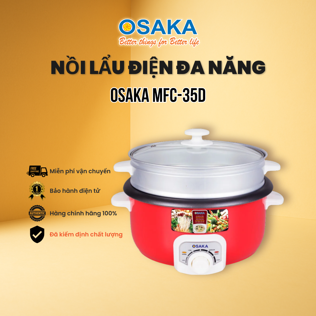 Nổi Lẩu Điện Đa Năng OSAKA MFC-35D Dung Tích 3L Công Suất 1200W, Lòng Nhôm Tráng Men