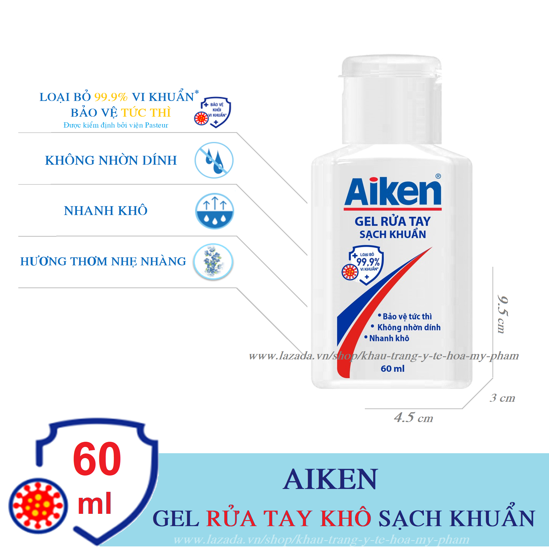 Aiken - Gel rửa tay khô sạch khuẩn 60 ml