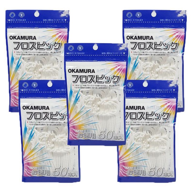 [HCM]Combo 5 bịch Tăm chỉ nha khoa Okamura Japan( 50 cây/ bịch* 5)