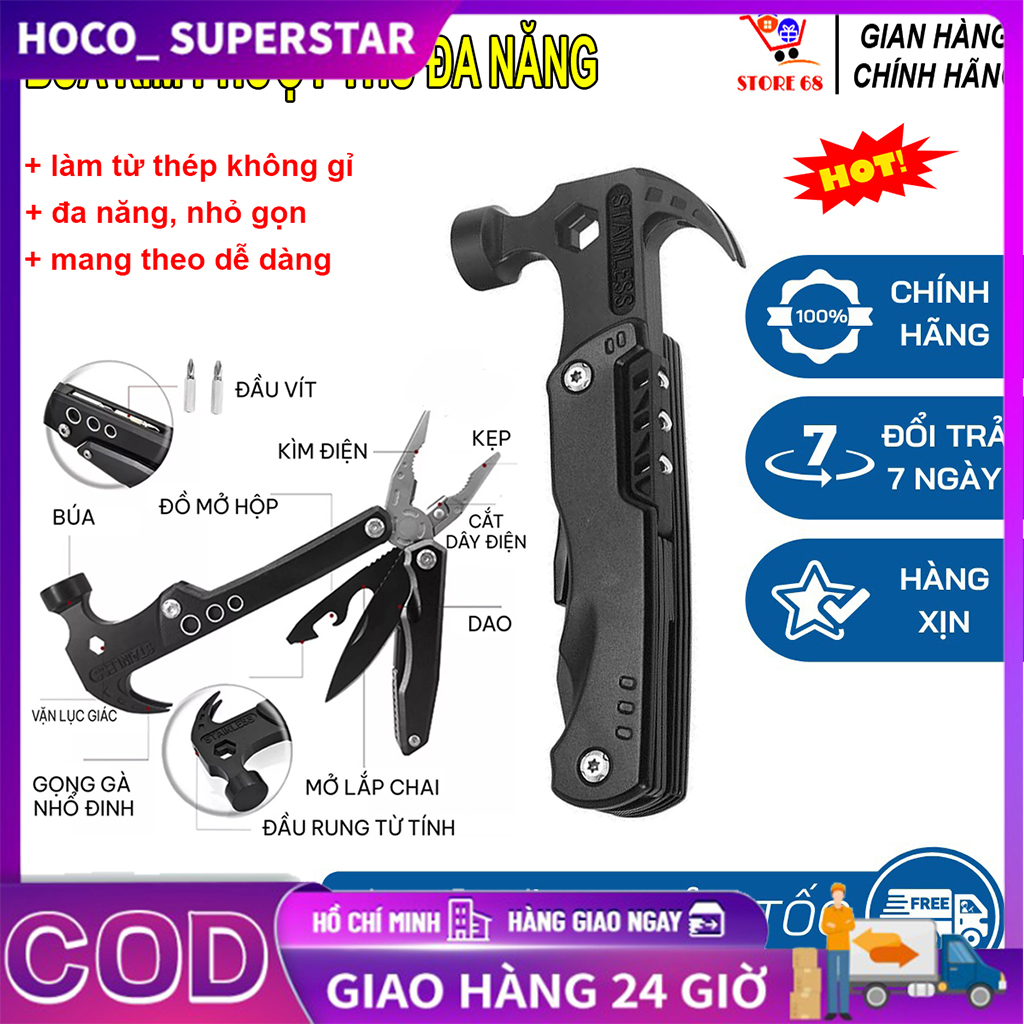 Búa kìm đa năng 6 Trong 1, búa đa năng gấp gọn cao cấp 14 chức năng, búa thoát hiểm, búa đa năng mini làm bằng thép không gỉ, kìm búa đa năng vỏ bọc ni lông inox, bộ dụng cụ sửa chữa tiện lợi, đi dã ngoại