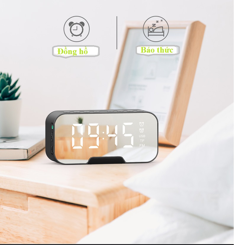 Loa bluetooth kiêm đồng hồ báo thức nghe đài FM Màn hình tráng gương G10. Dung lượng pin lớn 1400mAh. Chất lượng âm thanh cao chống ồn và tăng cường âm Bass. Loa bluetooth có Màn hình LED hiển thị lớn. Điều chỉnh độ sáng 3 mức