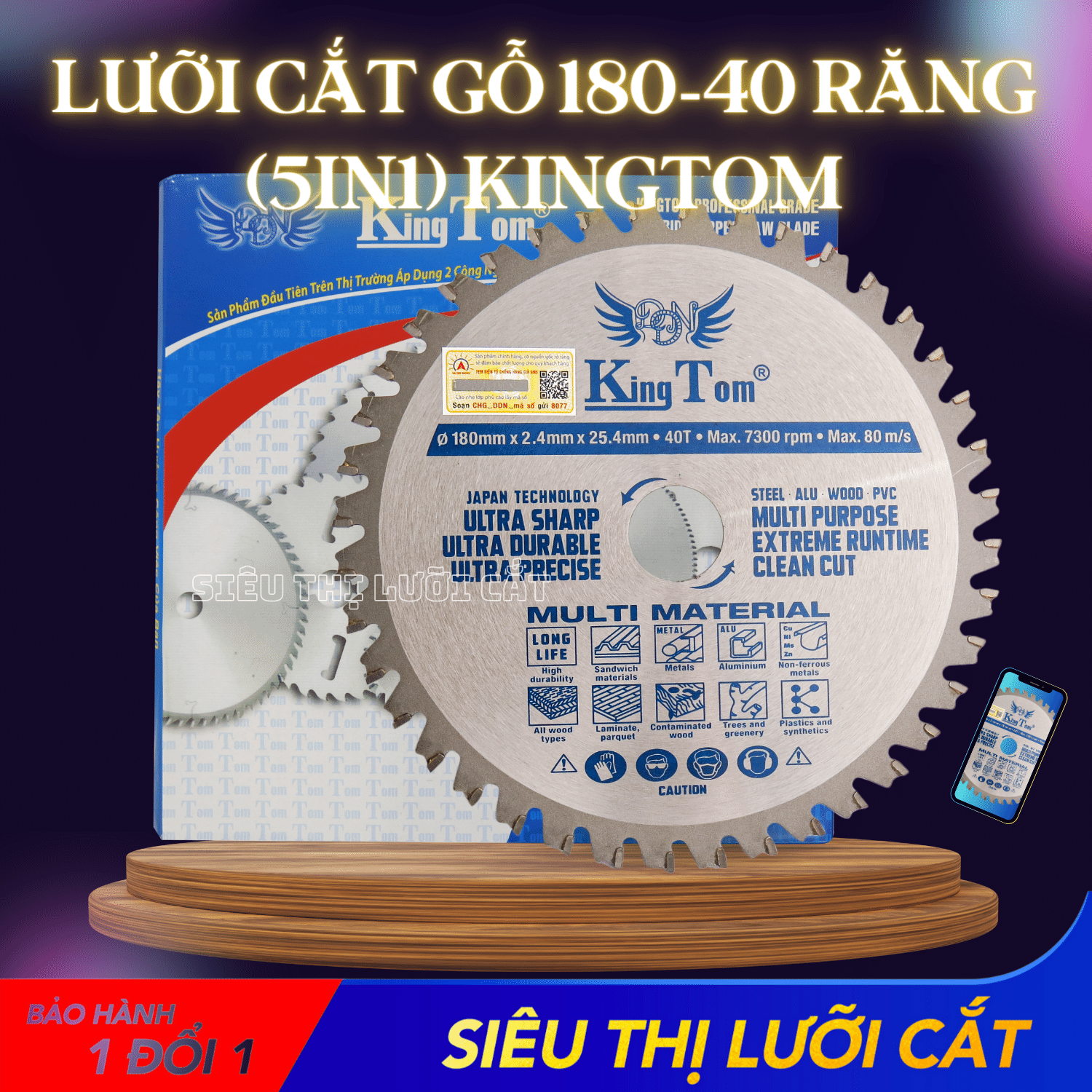 Lưỡi Cắt Gỗ - Nhôm Cao Cấp 180 - 40 Răng (5 Trong 1) KingTom - Siêu Bén - Siêu Mịn - Êm Tay