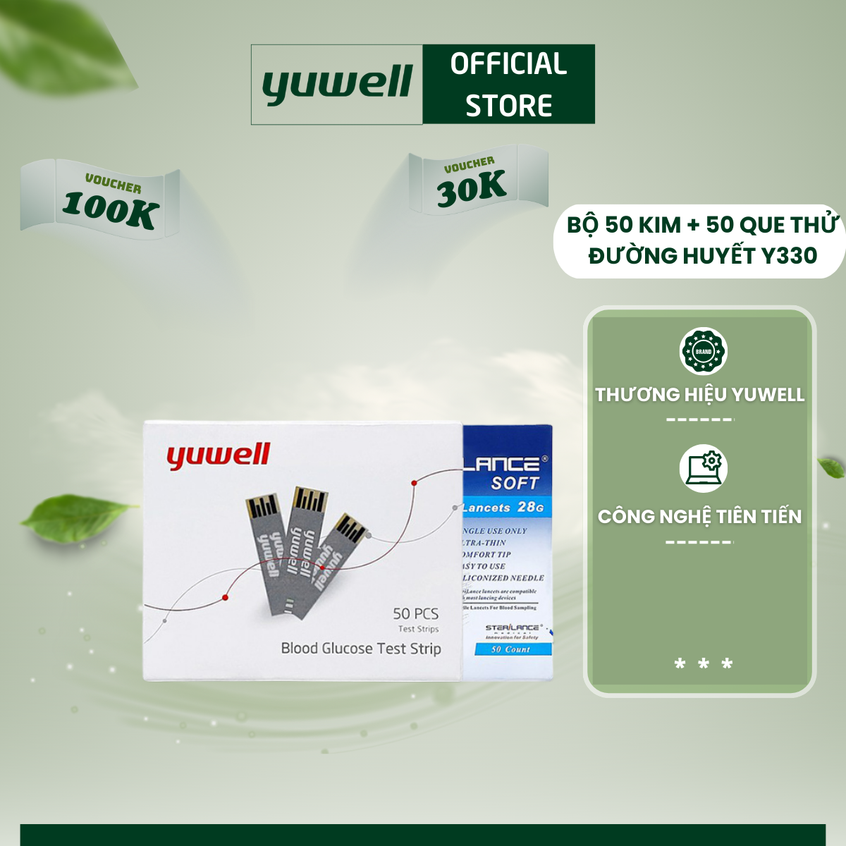 Que thử đường huyết Yuwell cho máy 710, 590, 582,...[50 kim lấy máu + 50 que thử đường huyết]