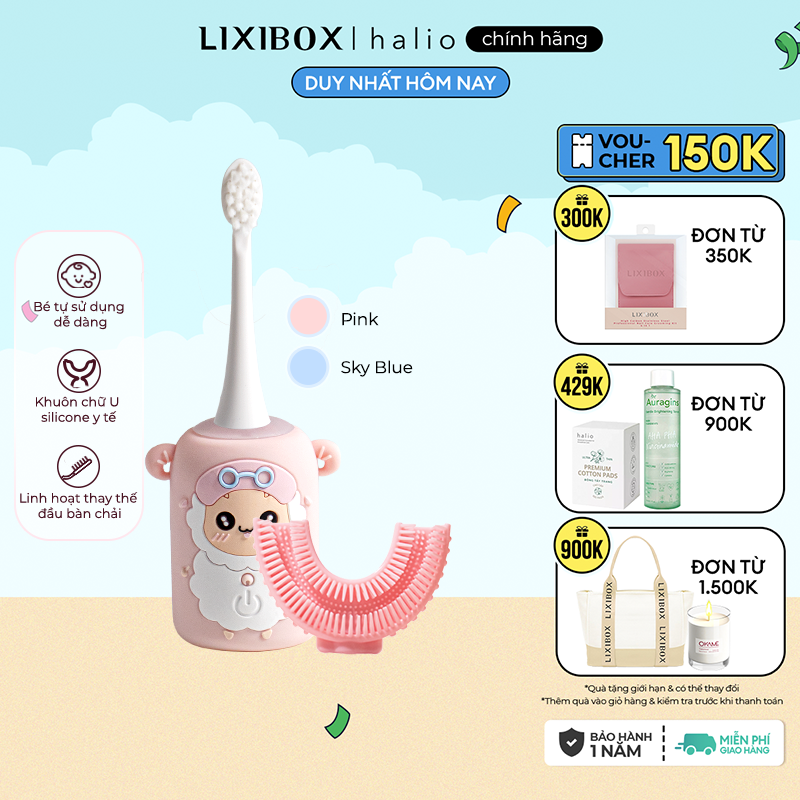 Bàn chải điện cho bé halio smart sonic toothbrush 2 loại đầu chải công nghệ sóng âm - pink