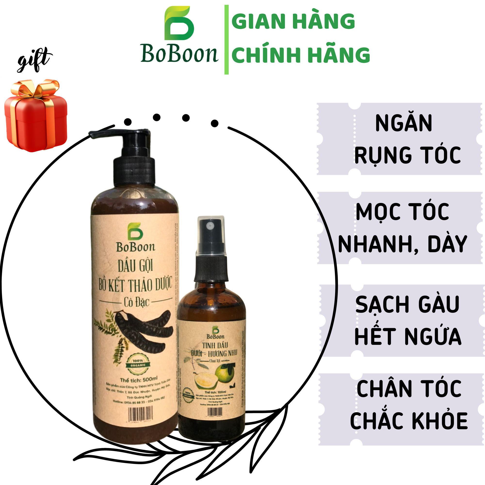 Combo Dầu gội + Tinh dầu xịt bưởi BoBoon kích thích mọc tóc nhanh, ngăn rụng tóc, sạch gàu