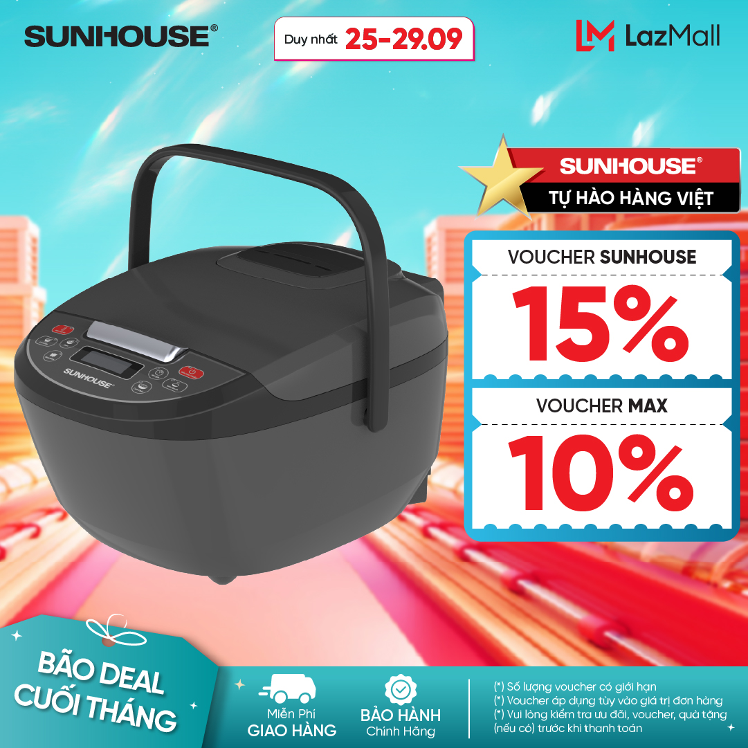 Nồi cơm điện tử 1.8L SUNHOUSE SHD8909B - SHD8909 - 6 Chế độ nấu tự động - Lòng nồi 5 lớp dày dặn - Bảo hành 12 tháng - Hàng Chính Hãng