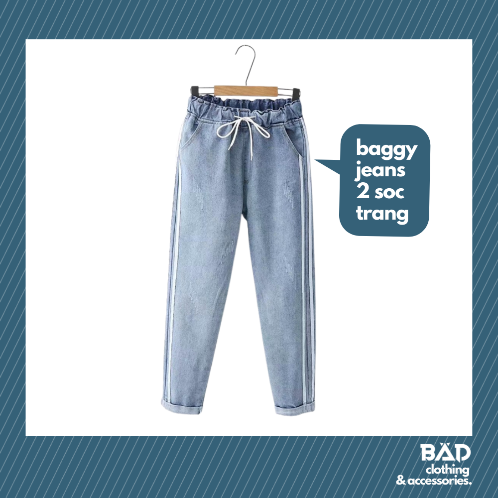 Quần Baggy Jeans 2 Sọc Trắng - Cạp chun co giãn, chất jeans mềm đứng dáng