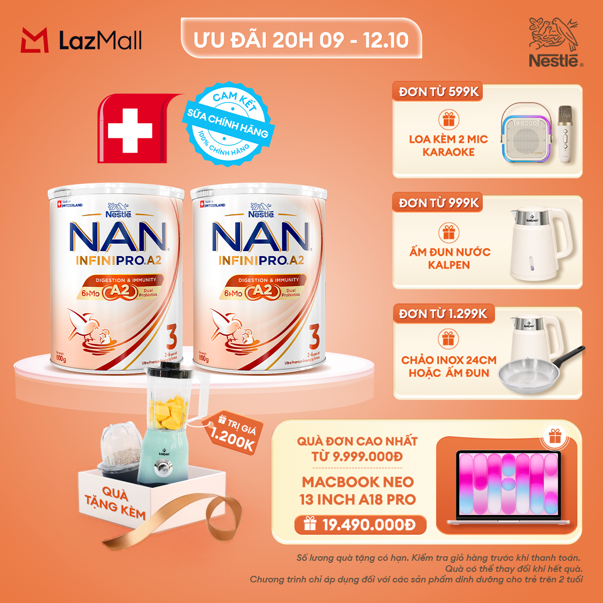 [CHỈ 20h 9-12.10 QT ĐƠN 599K/999K/1299K] [Tặng Máy xay sinh tố Kalpen kèm cối nhỏ] Combo 2 lon Sữa bột Nestle NAN INFINIPRO A2 3 800g Cho Bé 2 - 6 Tuổi Có Đạm A2, 6HMO  Lợi Khuẩn Kép hỗ trợ tiêu hóa, đề kháng