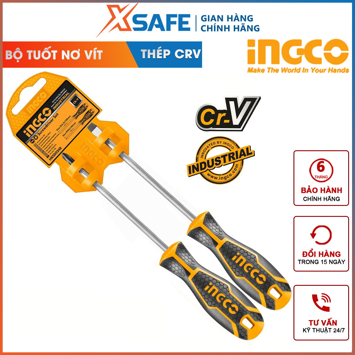  Bộ tuốc nơ vít dẹp và bake 2 chi tiết có nam châm INGCO HKSD0248 bộ 2 tua vít đầu bake SL6.5 x 6 x 100 đầu dẹp PH2 x 6 x 100 chất liệu phần mũi vít thép Cr-V vặn mở đai ốc vít 