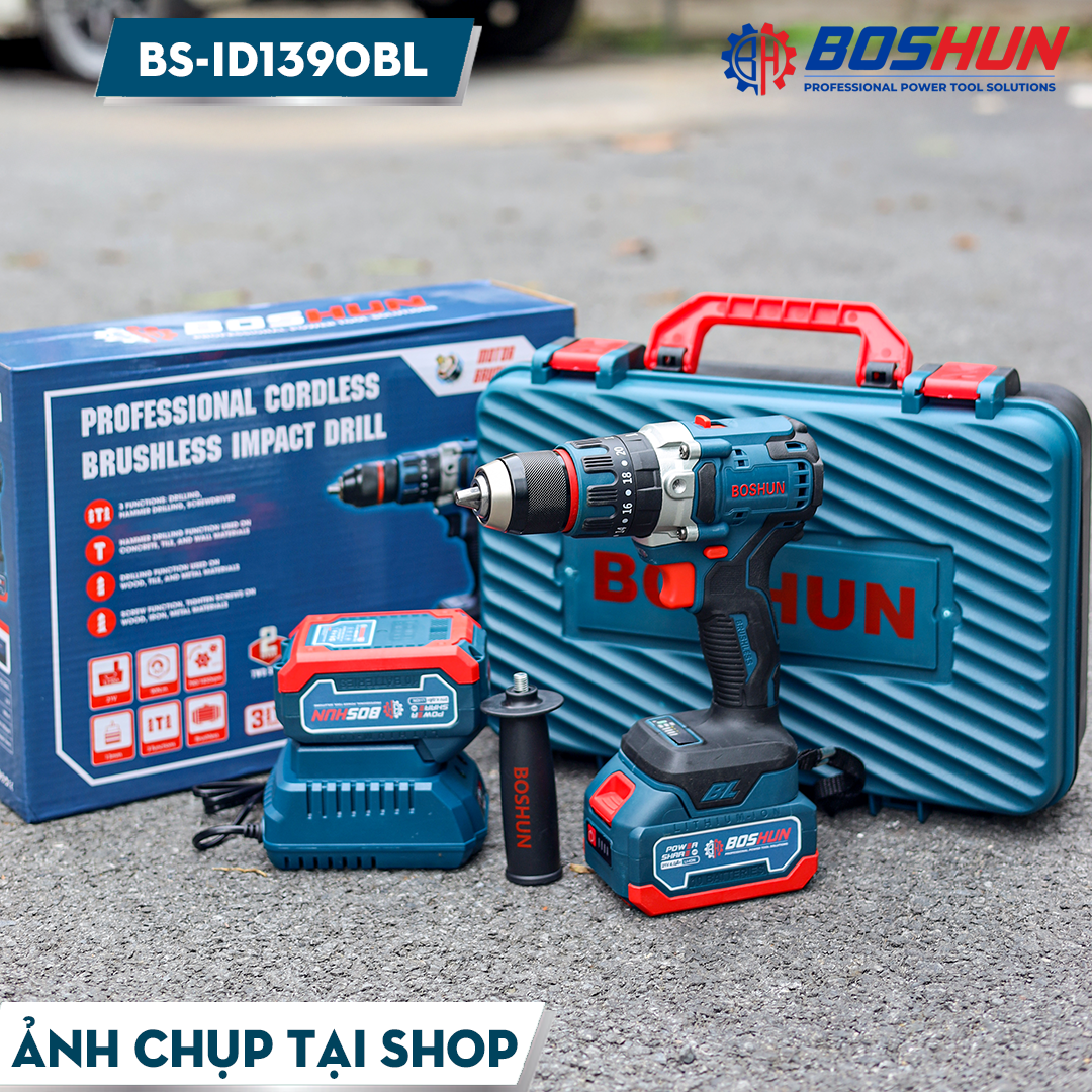 Thân Máy Khoan Pin Boshun 13mm, 3 Chức Năng, 25 Cấp Độ Trượt, Autolock Ruột Đồng 100%, Động Cơ Không Chổi Than, BS-ID1390BL