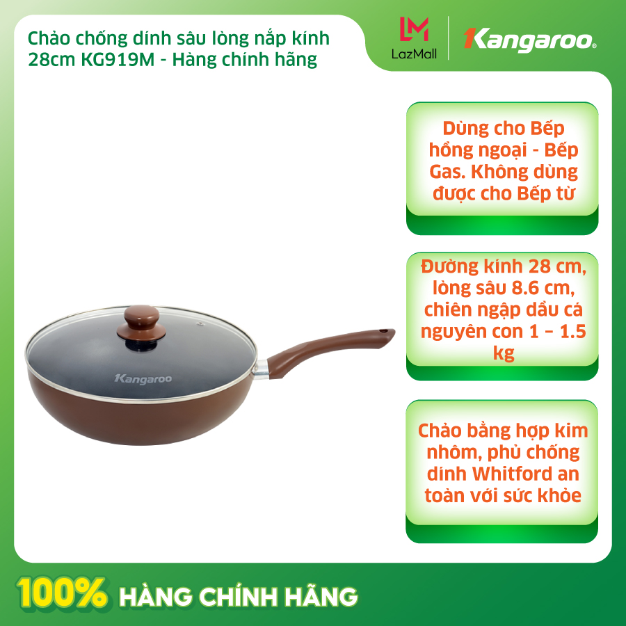 Chảo chống dính sâu lòng nắp kính 28cm Kangaroo KG919M - Hàng chính hãng