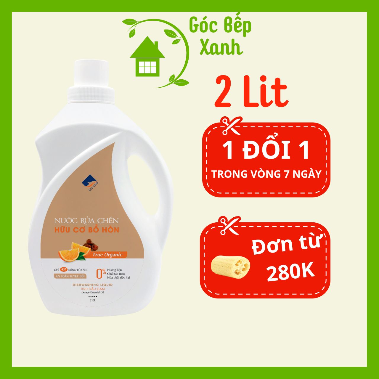 Nước rửa chén Ecocare hữu cơ bồ hòn tinh dầu thiên nhiên, Chai 2 lít
