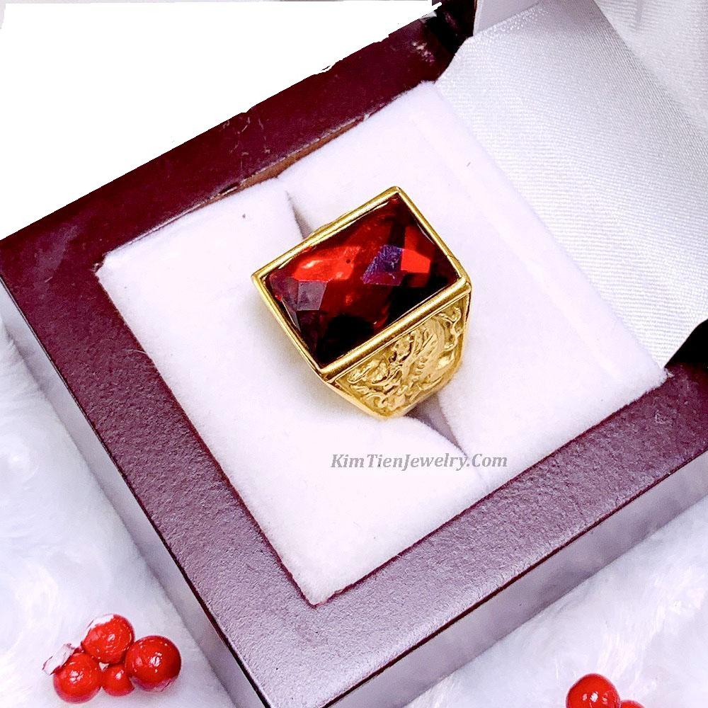 Nhẫn Nam Kiểu Mỹ Khắc chạm Rồng Đính Đá Đỏ N3 Mạ Vàng 24K - Bảo Hành 06 Tháng - Tặng Kèm Hộp + Phong Cách Thời Trang Cá Tính,