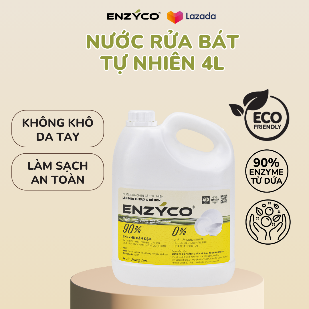 Nước rửa chén sinh học ENZYCO can 4L - 90% Enzyme từ dứa giúp làm sạch mạnh mẽ, diệt khuẩn, bảo vệ da tay, phù hợp người viêm da cơ địa - Hương cam