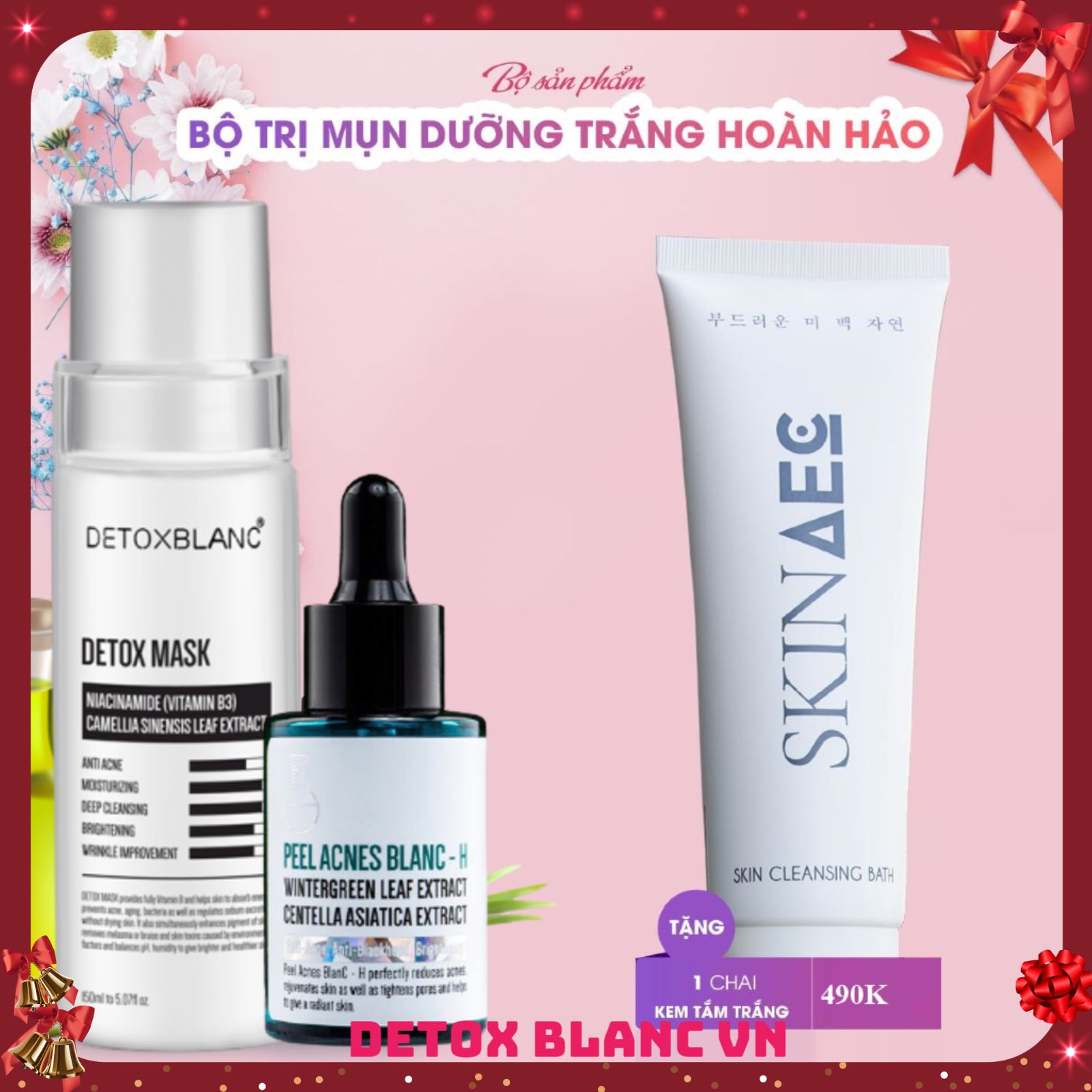 Combo xóa mụn dưỡng trắng da detox blanc tặng kèm sữa tắm trắng hàng ngày skin aec 300ml