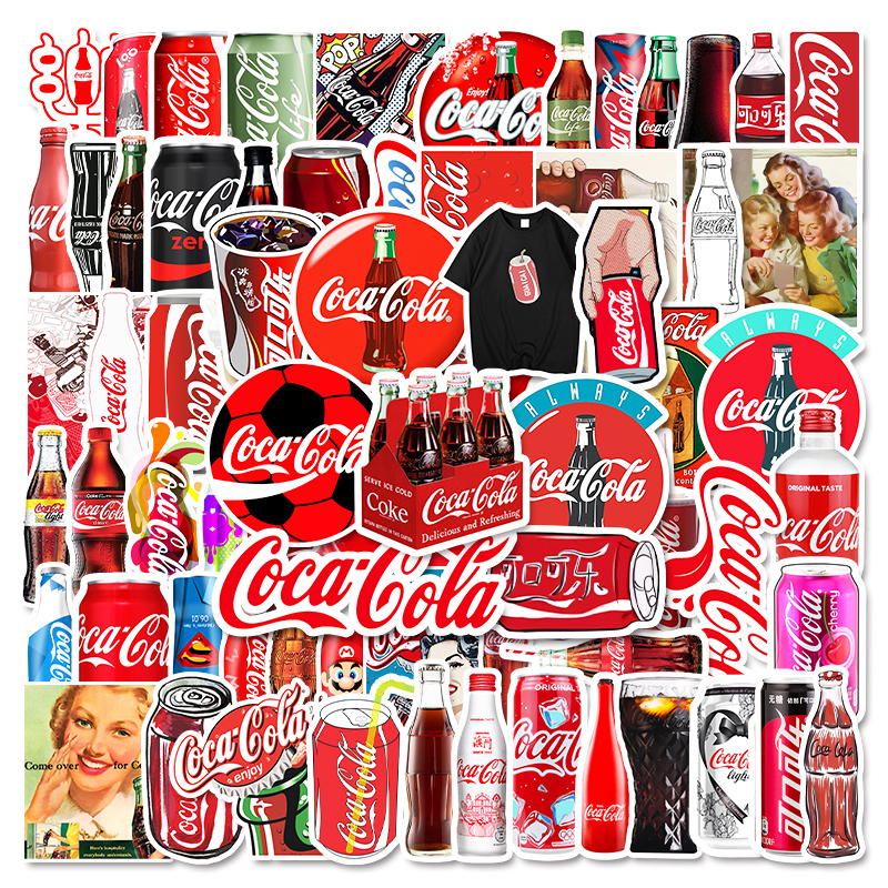50 Miếng Dán Hoạt Hình Coca Cola Chống Thấm Nước, Miếng Dán Vinyl Cổ Điển Trượt Ván Trượt Tuyết Nhãn Dán Sổ Tay Graffiti
