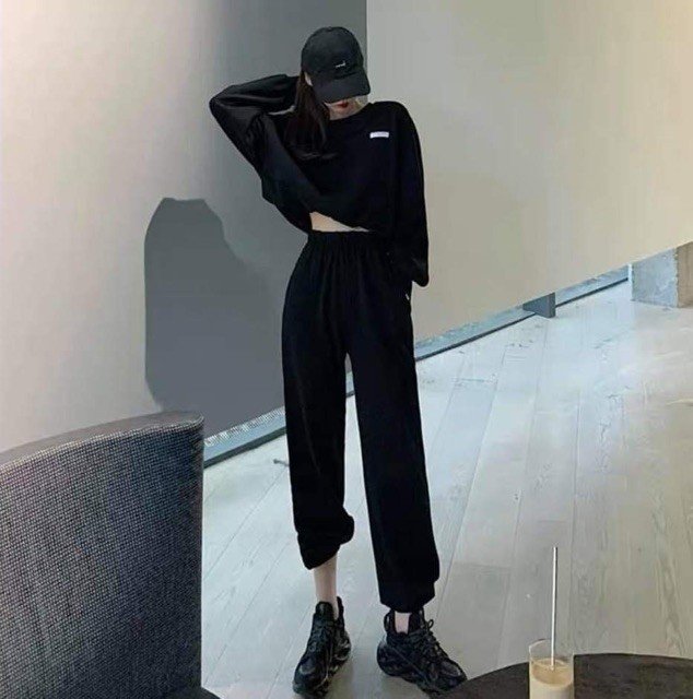 [HCM]Set bộ áo croptop tay dài kèm quần bo gấu cá tính (Đen và Tím)