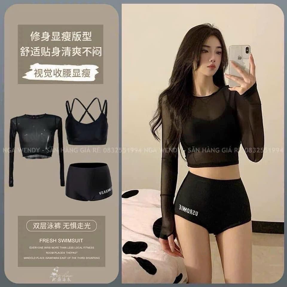 Set đồ bơi 3 chi tiết bộ bikini đi biển áo 2 dây kèm áo lưới dài tay chống nắng quần cạp cao che bụng tốt