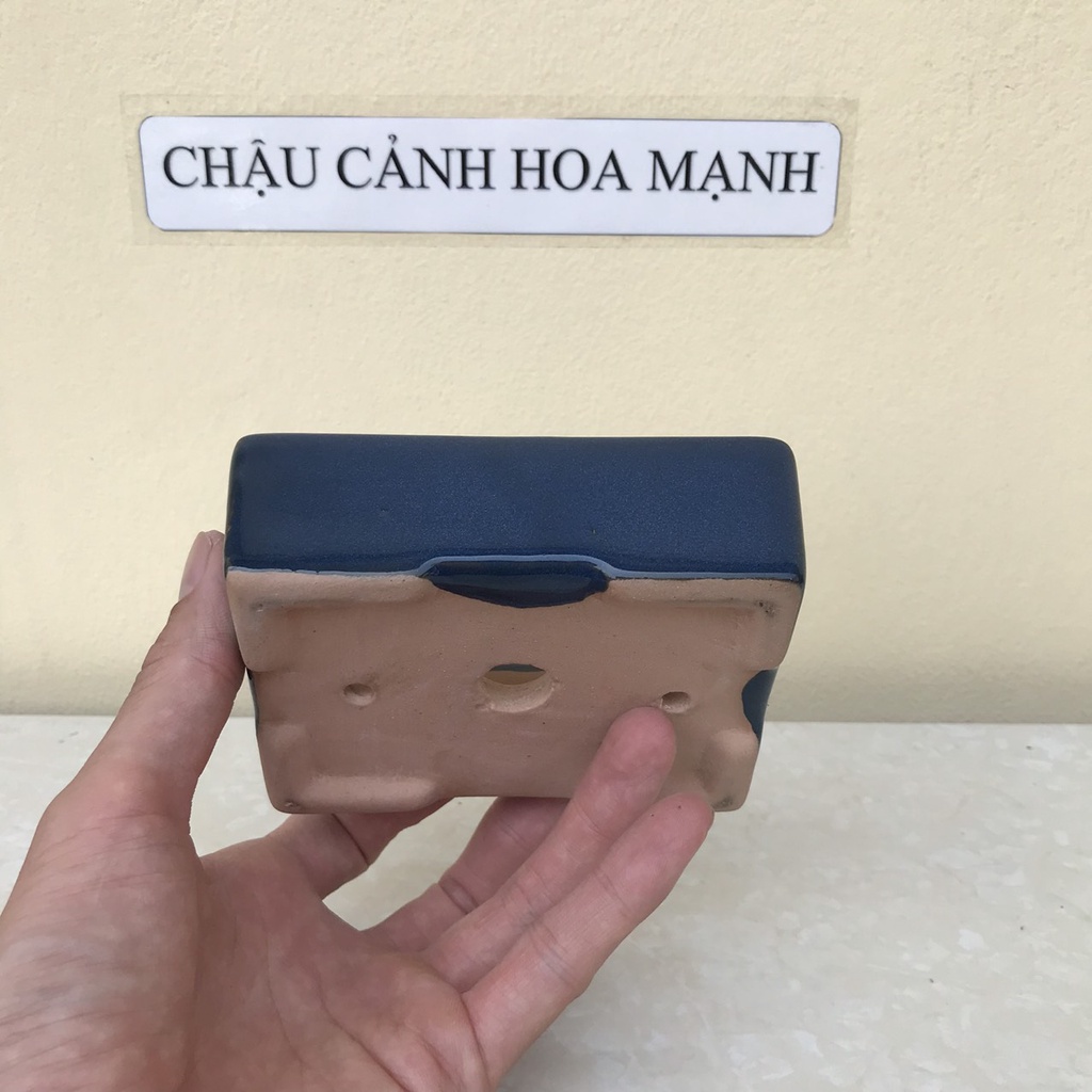 Chậu Chữ nhật bonsai sen đá mini men Lam gốm Bát tràng 1 size SP413