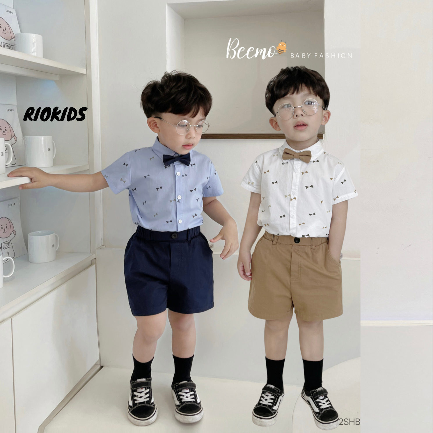 BE137 Bộ áo sơ mi quần đùi BEEMO, quần áo bé trai phong cách công tử đi chơi, đi tiệc