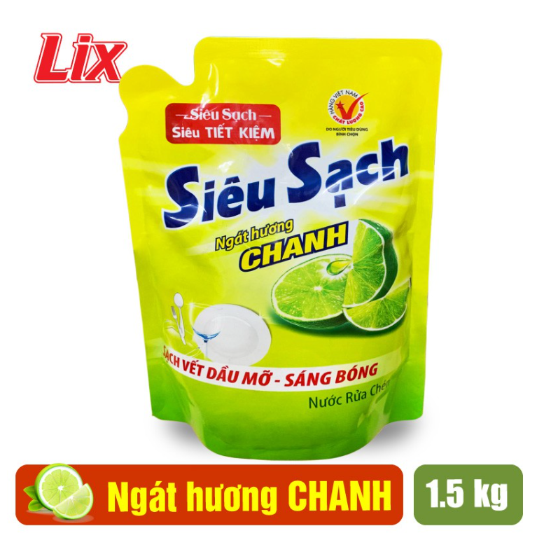 Nước rửa chén Lix Siêu Sạch túi 1.5kg hương Chanh