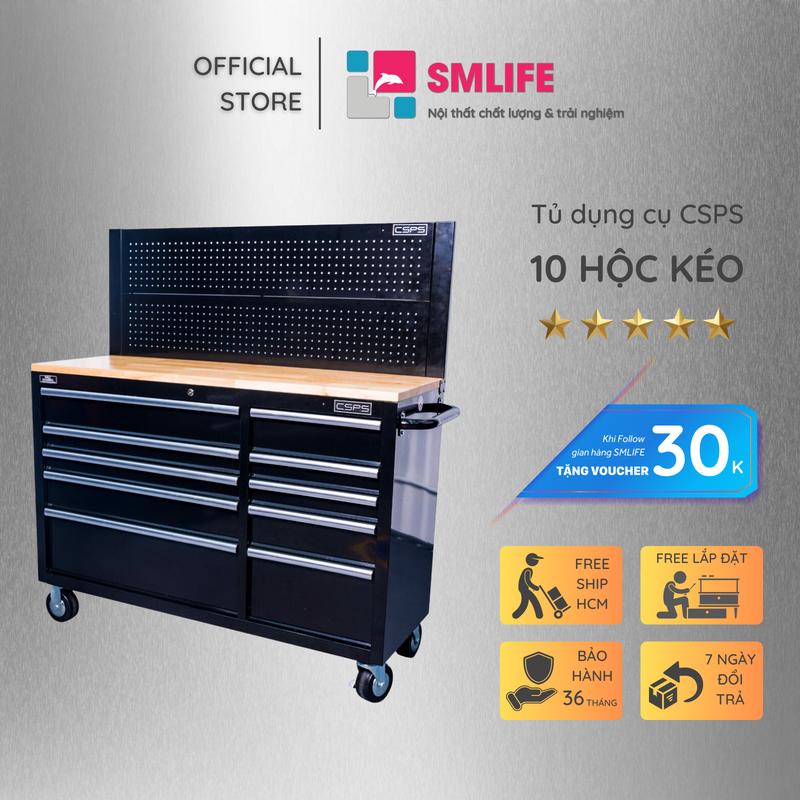 Tủ Đựng Dụng Cụ 10 Ngăn Kéo Di Động Mặt Bàn Gỗ Kết Hợp Khung Pegboard CSPS – W46xL132xH148cm
