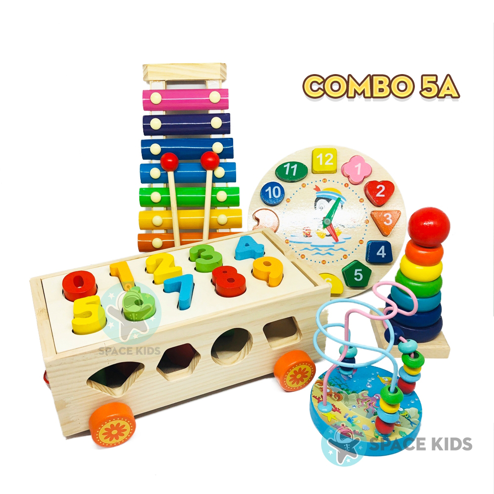 Combo 5 món Đồ chơi gỗ Montessori cho bé tư duy, phát triển trí tuệ vừa học vừa chơi Đồ chơi trẻ em Space Kids, chất liệu gỗ tự nhiên, nhiều màu sắc