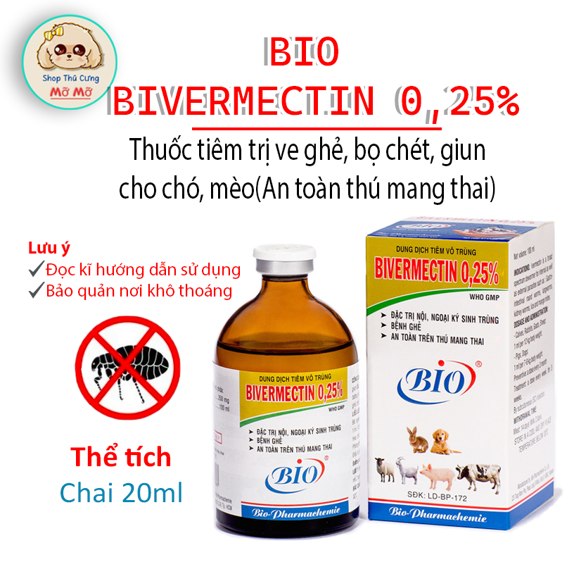 Thuốc tiêm trị ve ghẻ bọ chét cho chó mèo - Bio Bivermectin 0.25% 20ml