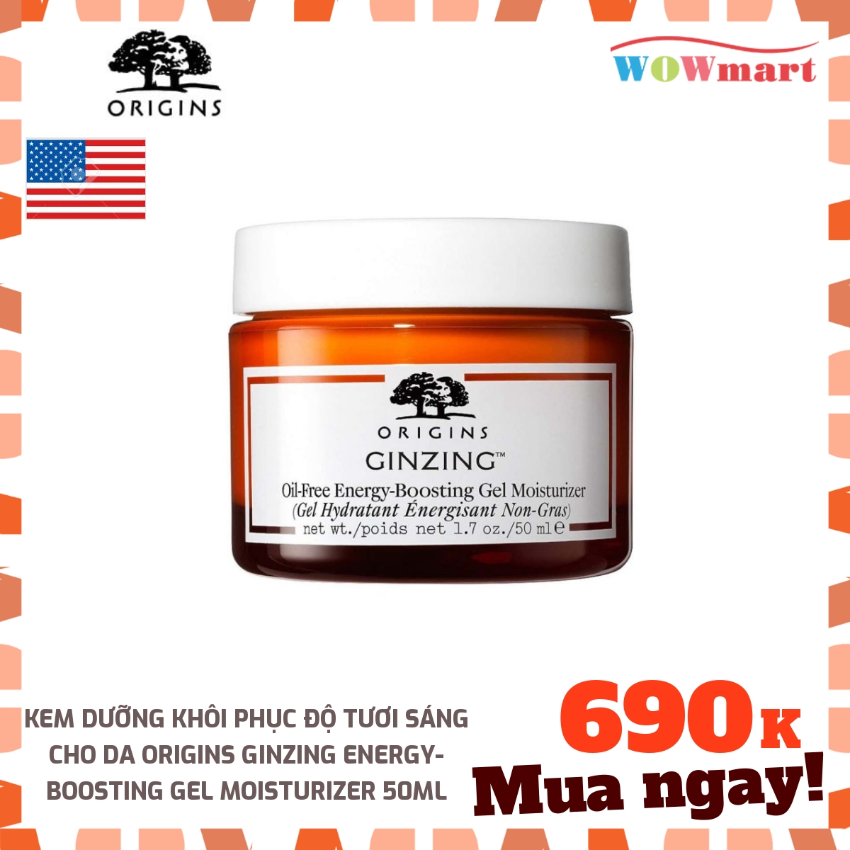 Kem dưỡng khôi phục độ tươi sáng cho da Origins GinZing Energy-Boosting Gel Moisturizer 50ml - [MỸ]