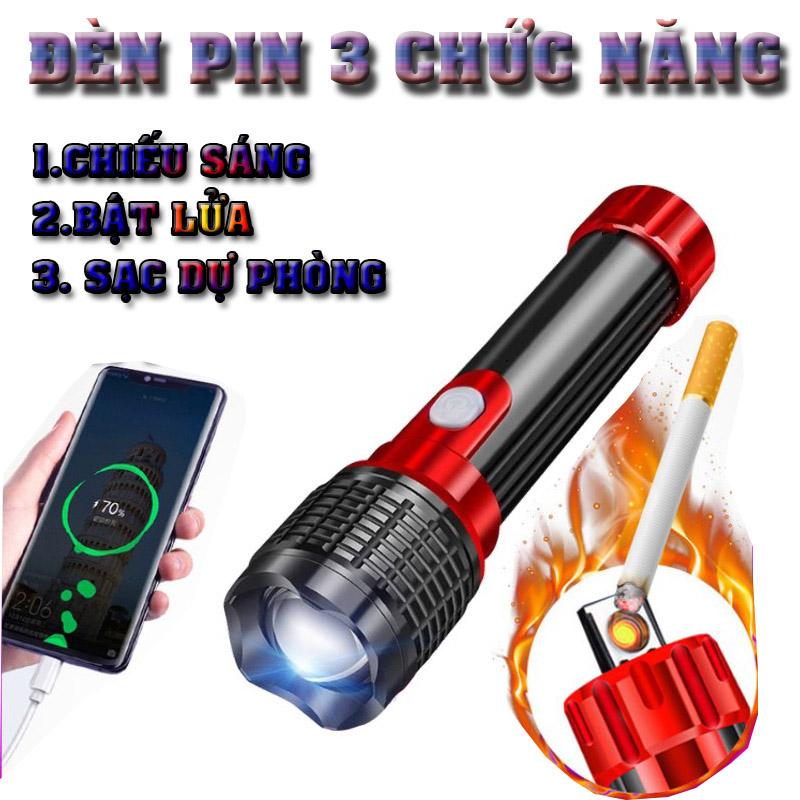 Đèn Pin Siêu Sáng 3 tích hợp Chức Năng(Đèn pin, sạc dự phòng, Bật lửa), đèn pin Sạc lithium, đèn pin dã ngoại(poloma)