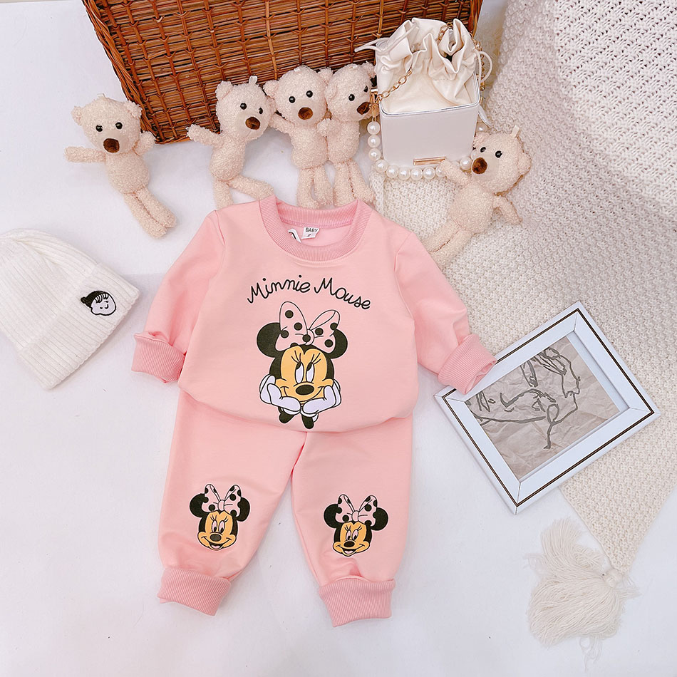 Bộ thu đông bé gái da cá quảng châu phối hình mickey in chữ minmie mouse chuẩn hãng size 9-19kg