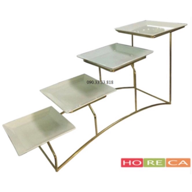 Kệ trưng bày buffet 4 tầng dĩa vuông inox vàng, kệ inox trưng bày trang trí thức ăn KB34