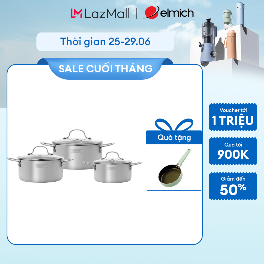 (Chỉ 15-17.07)Bộ nồi inox nguyên khối Elmich Trimax classic EL-2136OL01 size 18, 20, 22cm