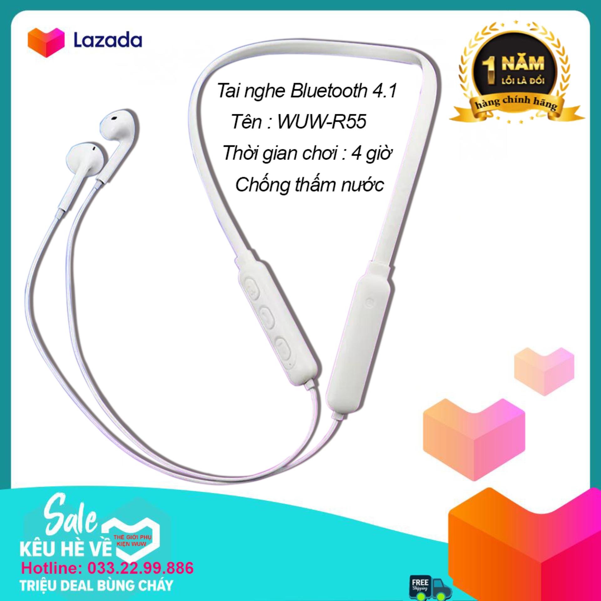 Tai nghe Bluetooth Headset Sport R55, hỗ trợ đàm thoại và nghe nhạc lên tới 4 giờ. Chống nước chống mồ hôi chống ồn cao cấp giúp cho bạn vận động thoải mái dễ chịu