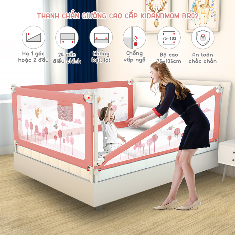 Thanh Chắn Giường Cao Cấp KidAndMom BR02 và BR23 Nâng Hạ 1 Bên & 2 Bên, Thiết Kế Chống Kẹt, Chống Vấp Ngã, Độ Cao 105cm, 24 Nắc Điều Chỉnh An Toàn Cho Bé