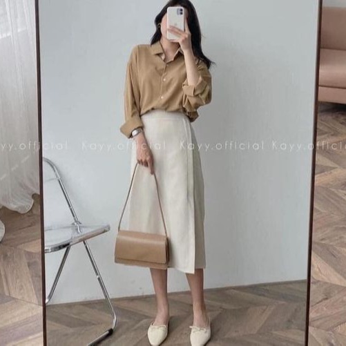 Chân váy midi xẻ tà cạp chun sau có giãn dáng công sở