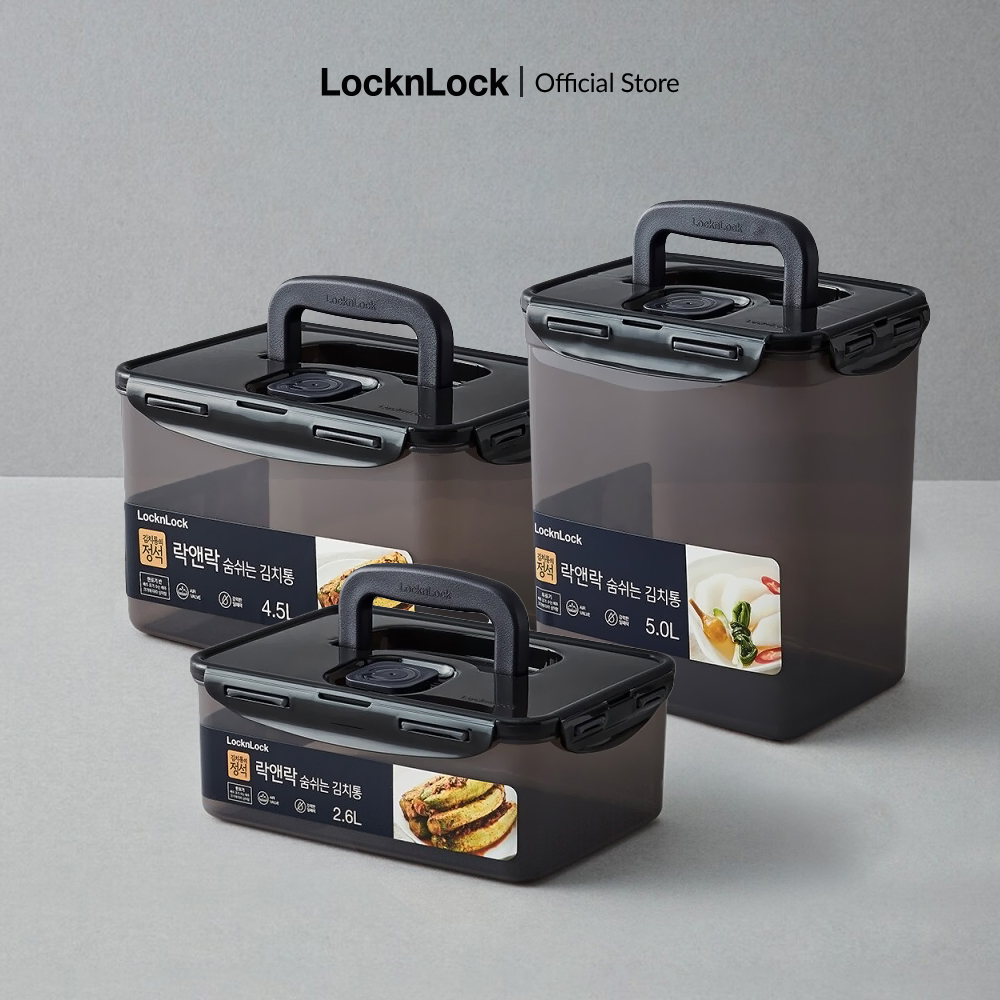 Hộp nhựa muối dưa cà, muối kim chi Lock&Lock Breathing Kimchi HPL - Màu xám đậm nhiều dung tích Có quai xách