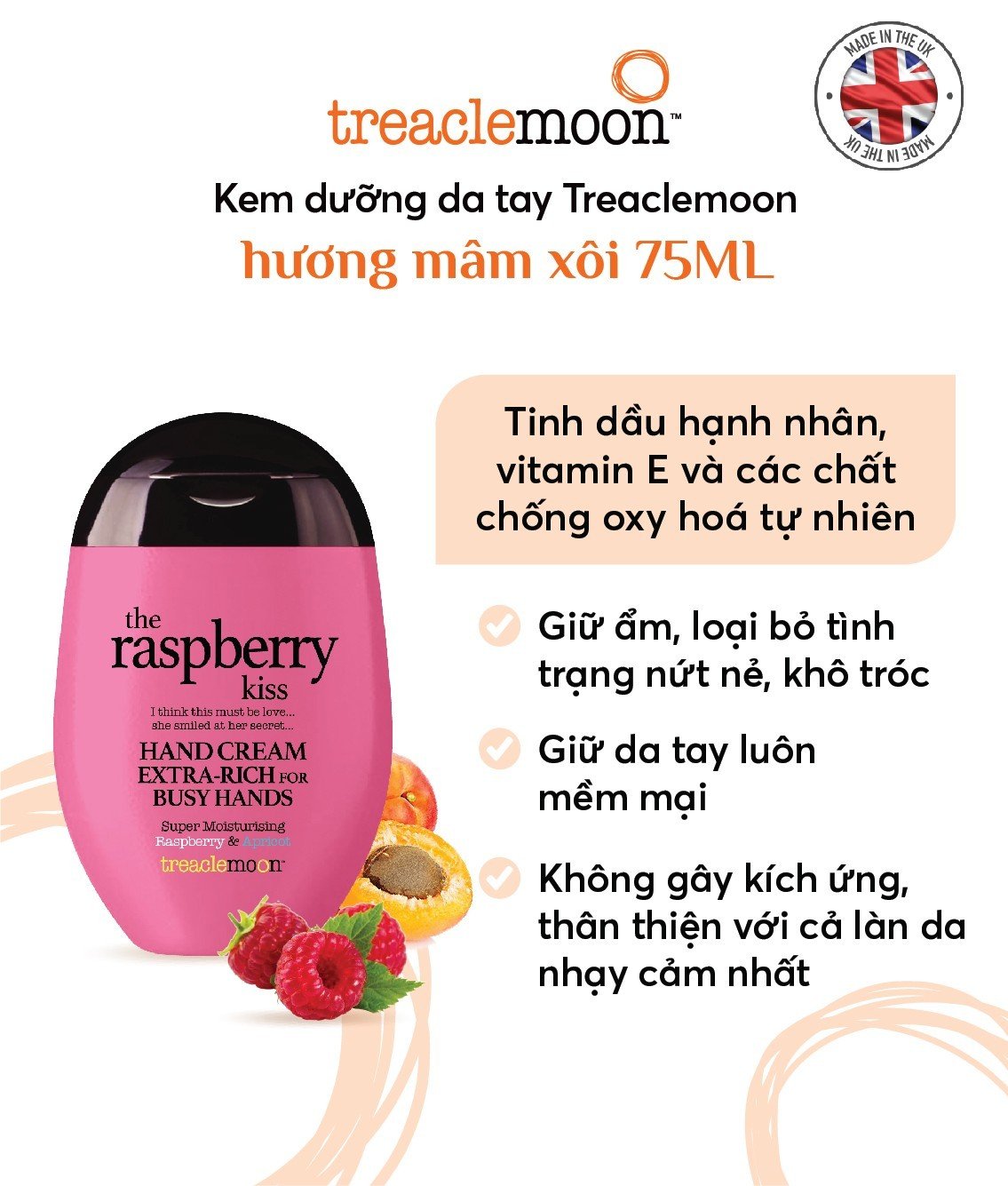 [Tặng bông tẩy trang 80 miếng] Kem dưỡng da tay móng cấp ẩm mềm da Treaclemoon hương mâm xôi 75ml