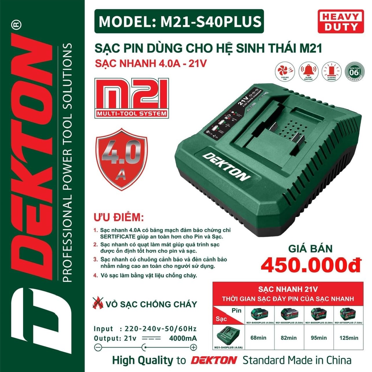 Sạc nhanh 4ah 21v dekton m21-s40plus | có quạt tản nhiệt , giảm 1/2 thời gian sạc pin new 2023