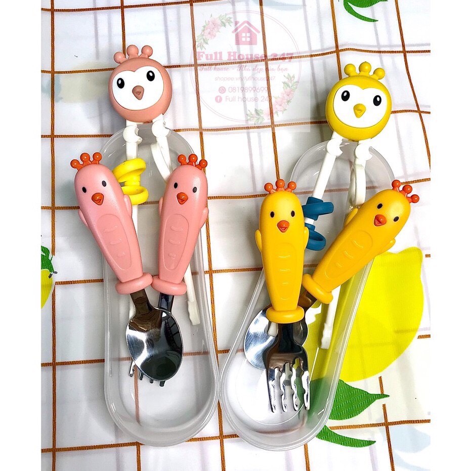 Set thìa dĩa đũa inox tập ăn cho bé hình con gà Hàng Cao Cấp(Kèm Hộp)